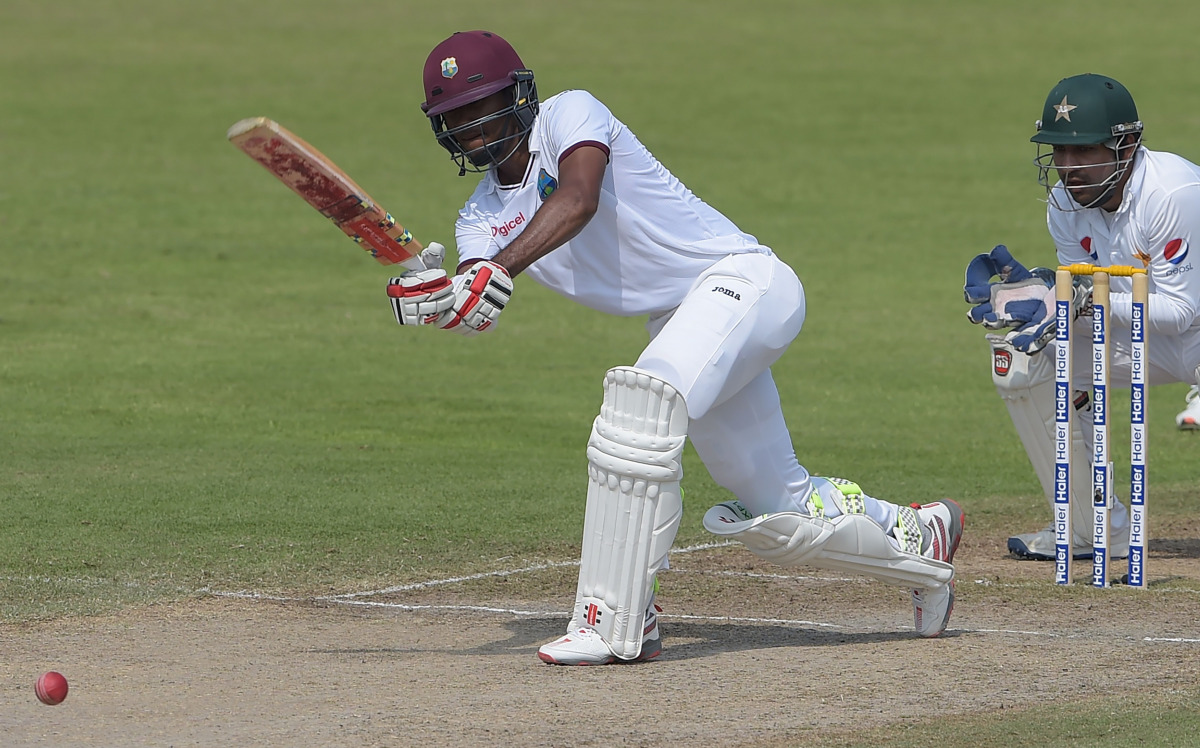 (FILES) West Indies' batsman Kraigg Brathwaite plays a shot on the third day of the third and final Test between Pakistan and the West Indies at the Sharjah Cricket Stadium in Sharjah on November 1, 2016. (AFP / AAMIR Qureshi)