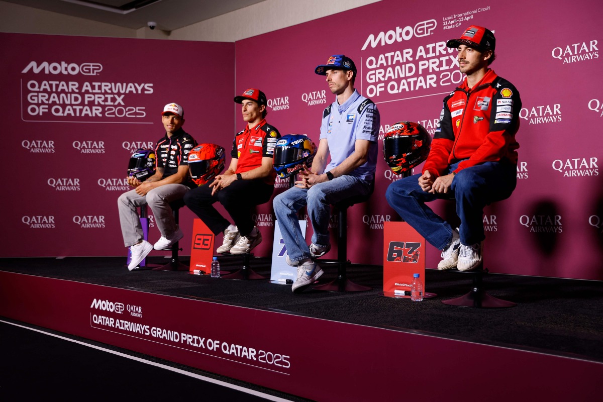 FROM LEFT: Jorge Martin, Marc Marquez, Alex Marquez and  Francesco Bagnaia attend a press conference at the Lusail International Circuit yesterday. (AFP) 
