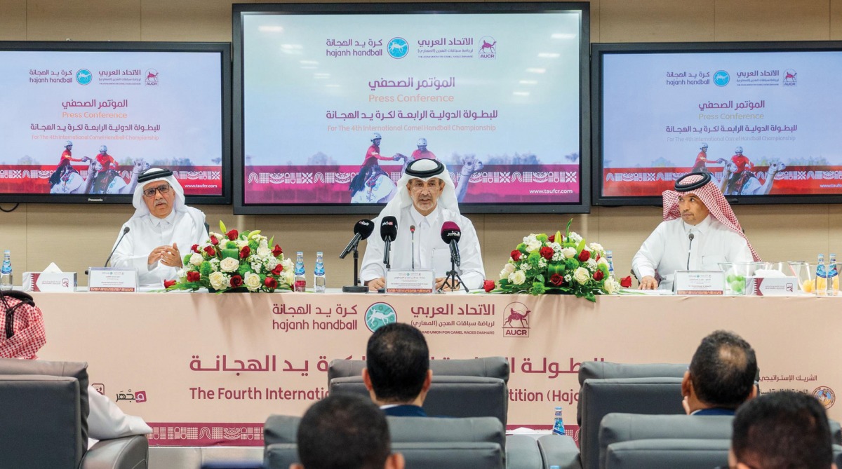 FROM LEFT: Qatar Handball Federation President Ahmed Mohammed Al Shaabi, AUCR President Abdullah bin Mohammed Al Sheikh Al Kuwari and AUCR Secretary-General Dr Hazam Al Maqarih during a press conference yesterday.