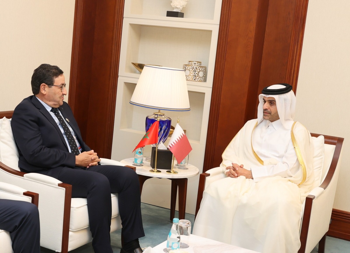 Minister of Transport H E Sheikh Mohammed bin Abdulla bin Mohammed Al Thani with Moroccan Minister of Transport and Logistics H E Abdessamad Kayouh yesterday on the sidelines of the International Civil Aviation Organization Facilitation Conference. 