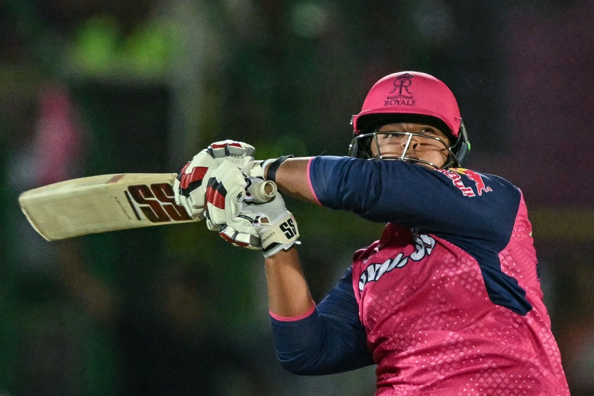 Rajasthan Royals' Vaibhav Suryavanshi plays a shot during the Indian Premier League (IPL) Twenty20 cricket match between Rajasthan Royals and Lucknow Super Giants at the Sawai Mansingh Stadium in Jaipur on April 19, 2025. (Photo by Money SHARMA / AFP)