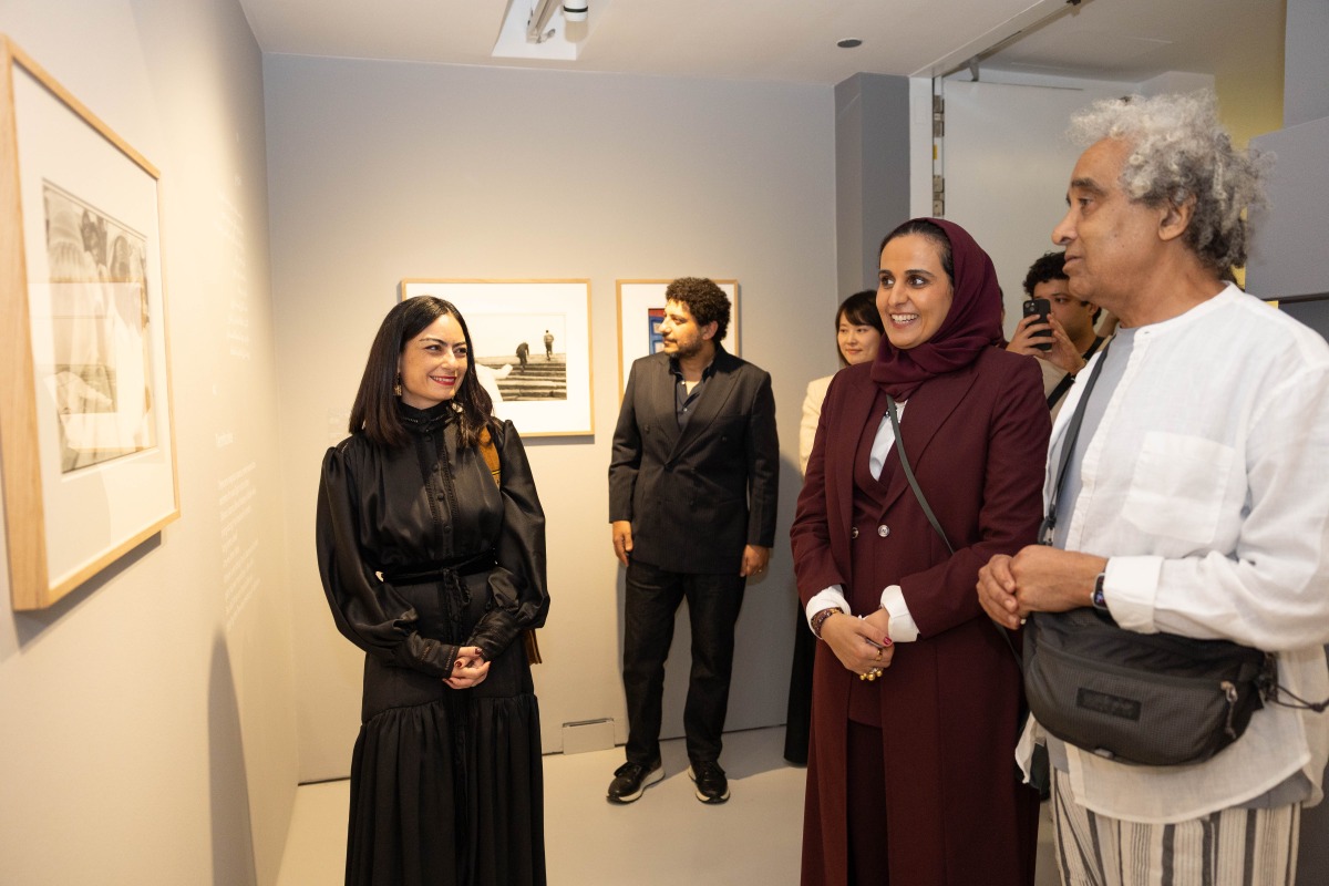 Chairperson of Qatar Museums H E Sheikha Al Mayassa bint Hamad bin Khalifa Al Thani and others at the launch of an exhibition.  
