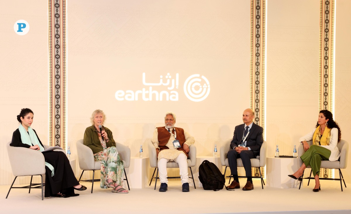 Deputy Director, United Nations University Institute for Water, Environment and Health, Dr. Manzoor Qadir (fourth left); Teaching Associate Professor, University of Illinois Champaign-Urbana, Dr. Ann-Perry Witmer (second left); Tarun Bharat Sangh, Chairman, Dr. Rajendra Singh (third left); and Senior Advisor to the Dean at Georgetown University in Qatar, Dr. Raha Hakimdavar during the panel discussion at Earthna Summit 2025, yesterday. Pic: Salim Matramkot / The Peninsula