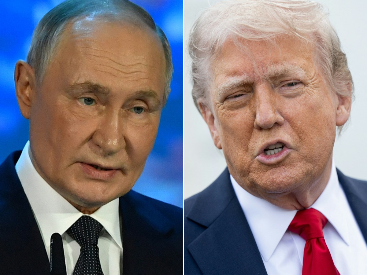 (COMBO) This combination of pictures created on April 24, 2025 shows, L-R, Russian President Vladimir Putin speaking in Murmansk on March 27, 2025 and US President Donald Trump outside the White House in Washington, DC, on April 23, 2025. (Photo by Olga MALTSEVA and SAUL LOEB / AFP)
