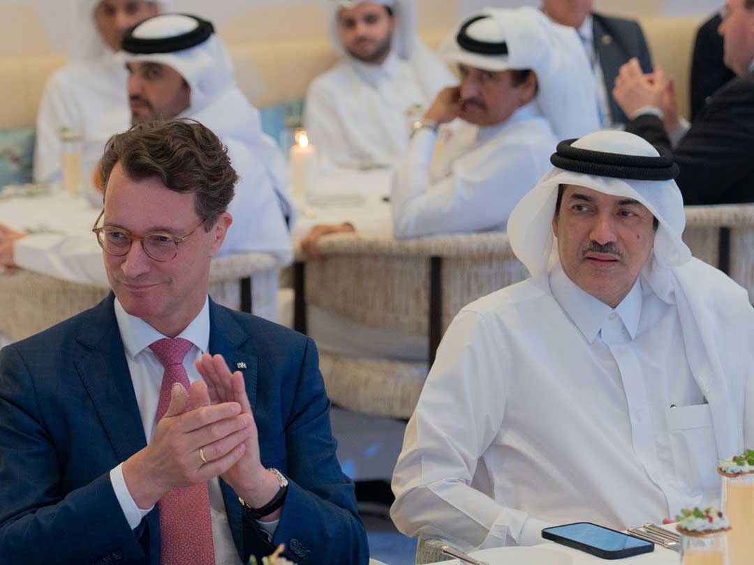 Minister of State for Foreign Trade Affairs at the Ministry of Commerce and Industry, H E Dr. Ahmed bin Mohammed Al Sayed (right), and Minister-President of German State of North Rhine-Westphalia H E Hendrik Wüst at the event.