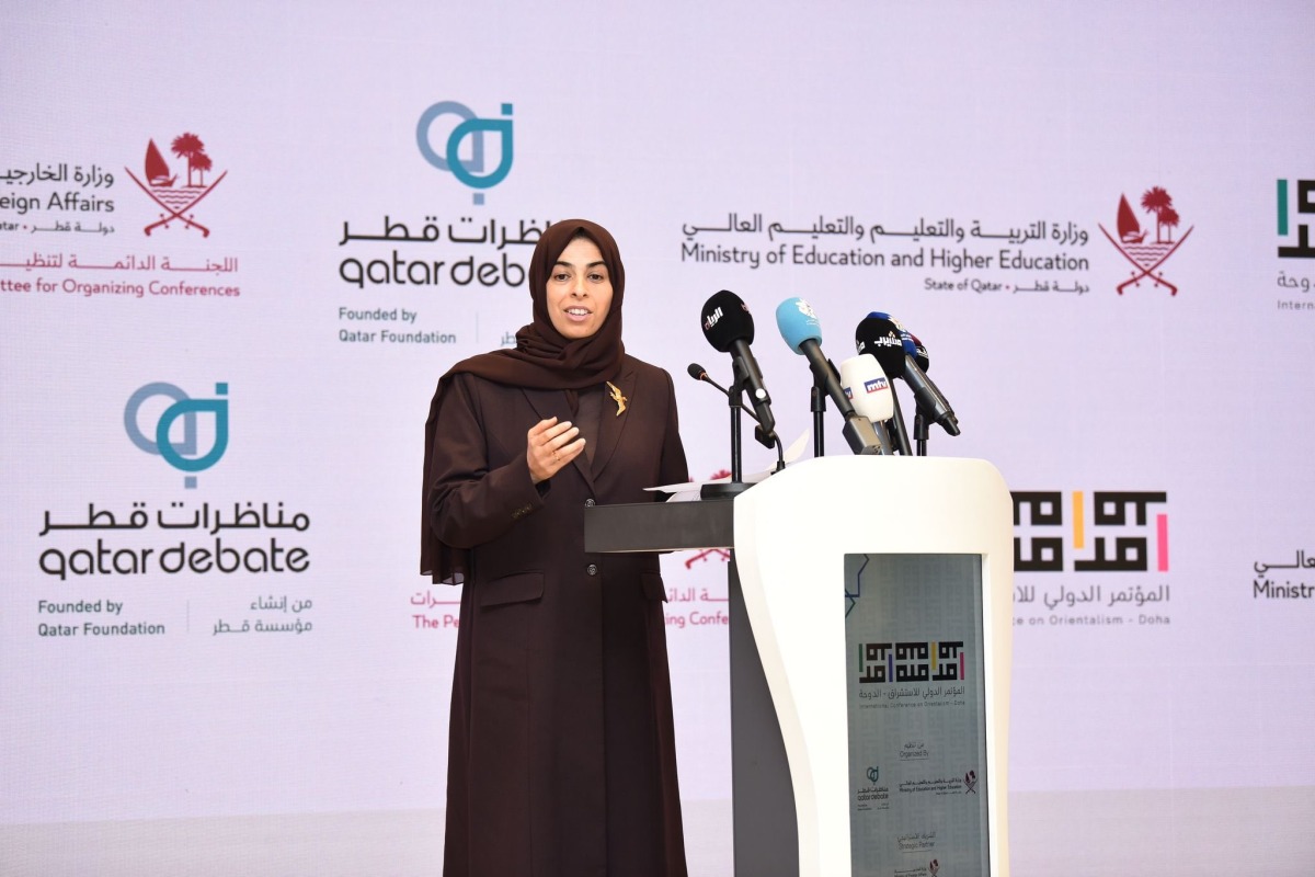 Minister of Education and Higher Education H E Lolwah bint Rashid Al Khater delivering the opening remarks during the conference.