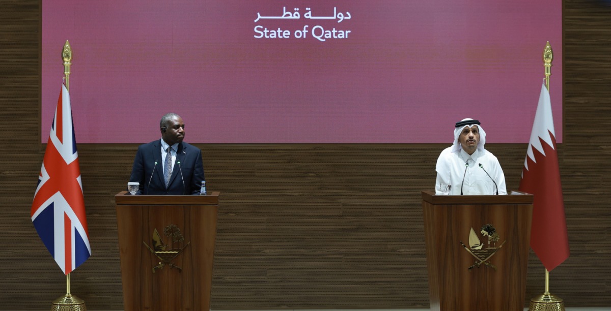 Prime Minister and Minister of Foreign Affairs H E Sheikh Mohammed bin Abdulrahman bin Jassim Al-Thani and UK's Secretary of State for Foreign, Commonwealth and Development Affairs H E David Lammy address a joint press conference in Doha yesterday.