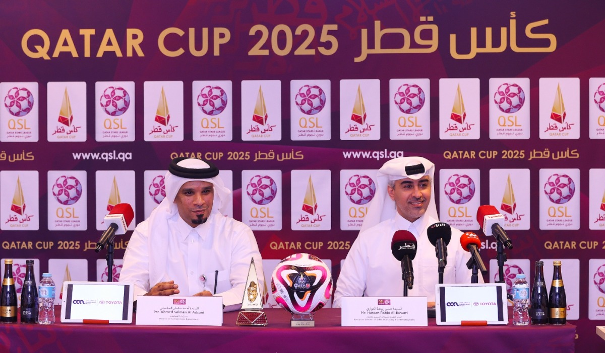 Executive Director of Sales, Marketing and Communication at QSL Hassan Rabiah Al Kuwari (right) and Director of Competitions at QSL Ahmed Salman Al Adsani during the press conference.
