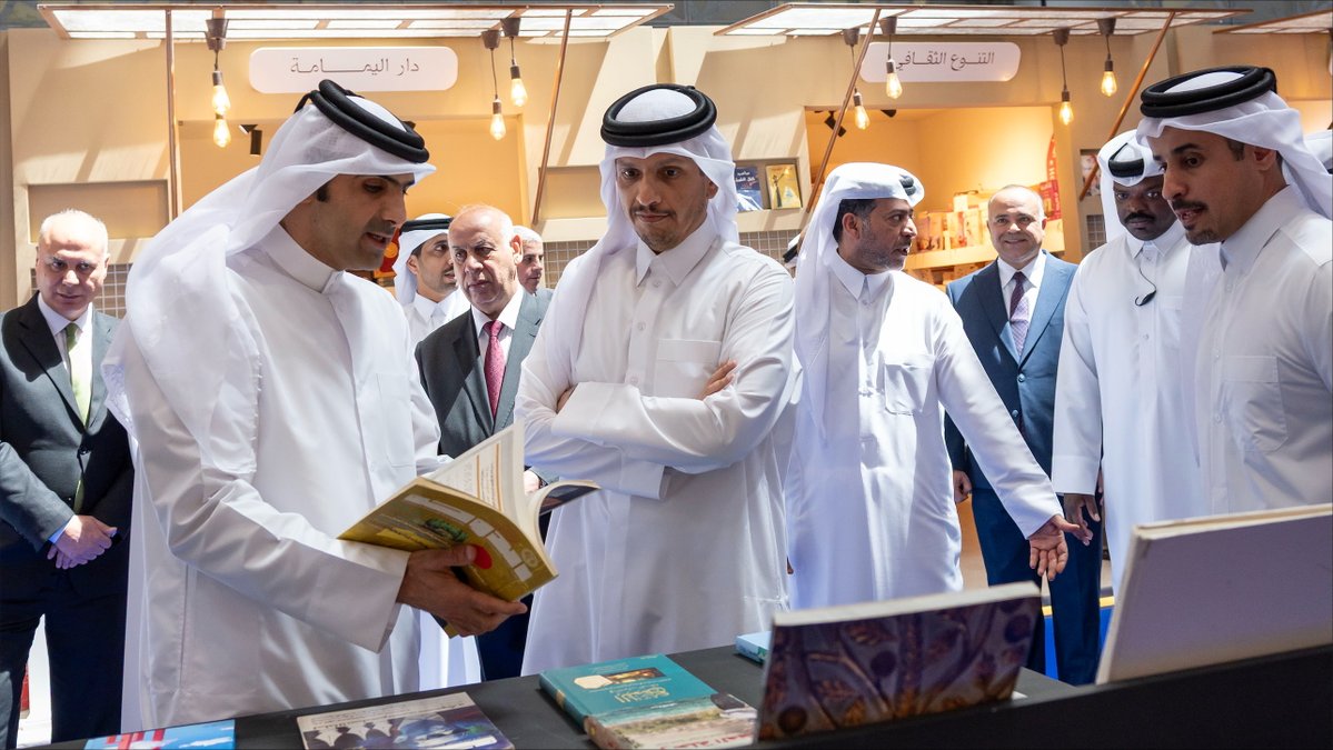 Prime Minister and Minister of Foreign Affairs H E Sheikh Mohammed bin Abdulrahman bin Jassim Al-Thani and Minister of Culture H E Sheikh Abdulrahman bin Hamad Al Thani touring the Doha International Book Fair pavilions yesterday. 
