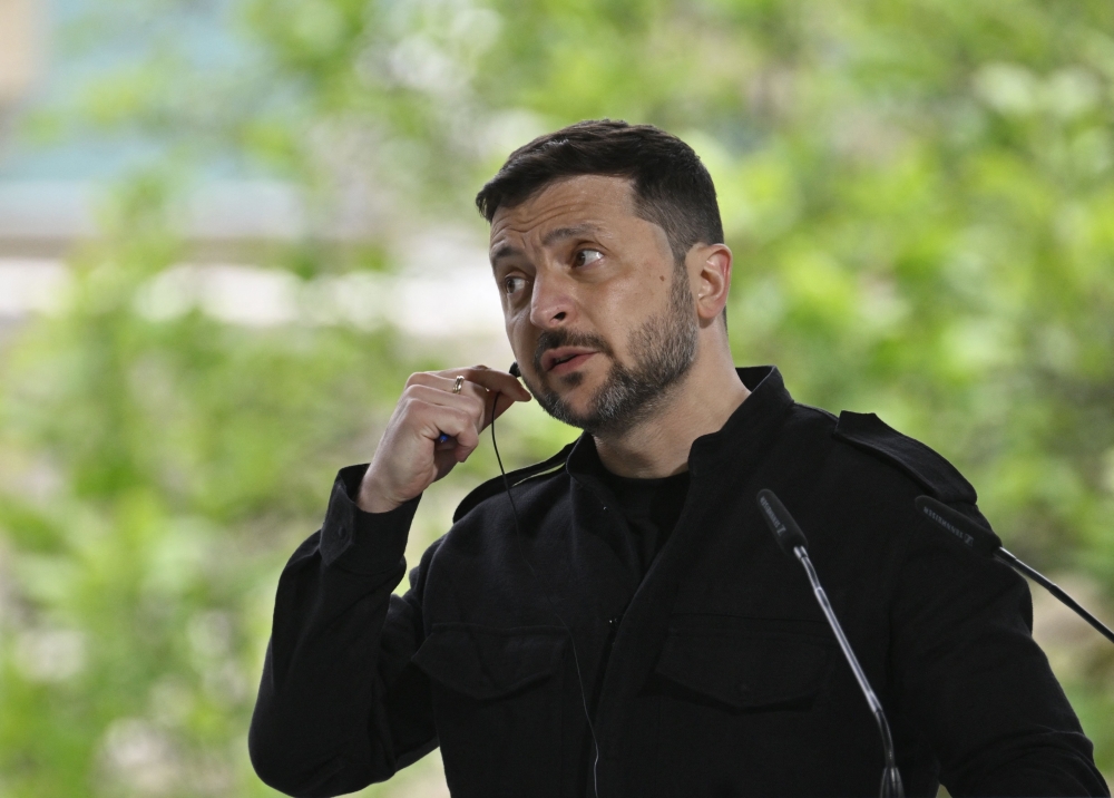 Ukrainian President Volodymyr Zelensky attends a press conference after a meeting of European leaders in the Ukrainian capital Kyiv on May 10, 2025. (Photo by Genya Savilov / AFP)
