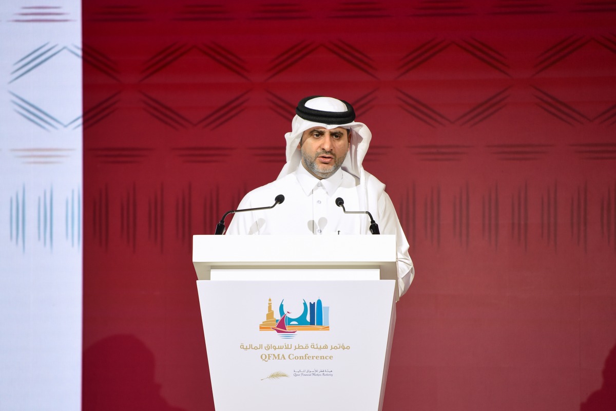 Governor of QCB and Chairman of Qatar Financial Markets Authority and Qatar Financial Centre Regulatory Authority H E Sheikh Bandar bin Mohammed bin Saud Al Thani addressing the conference, yesterday.