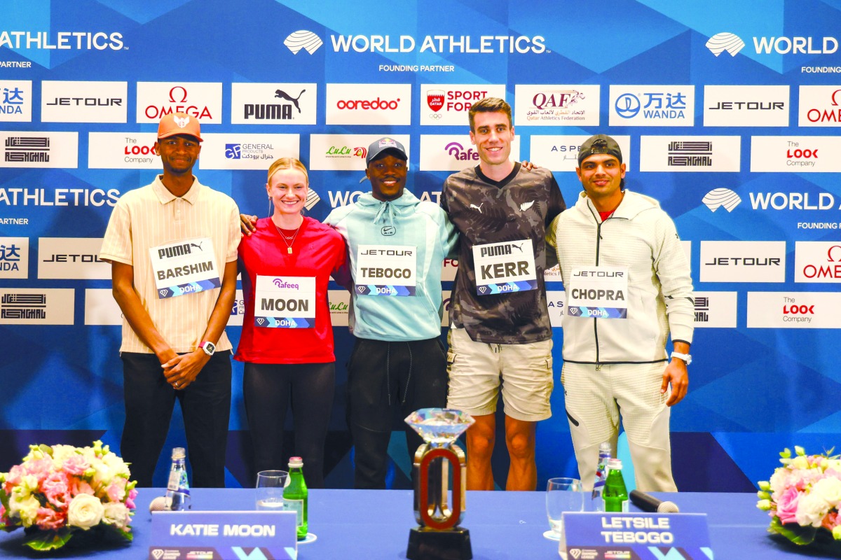 FROM LEFT: Mutaz Barshim, Katie Moon, Letsile Tebogo, Hamish Kerr and Neeraj Chopra pose for a group photo.