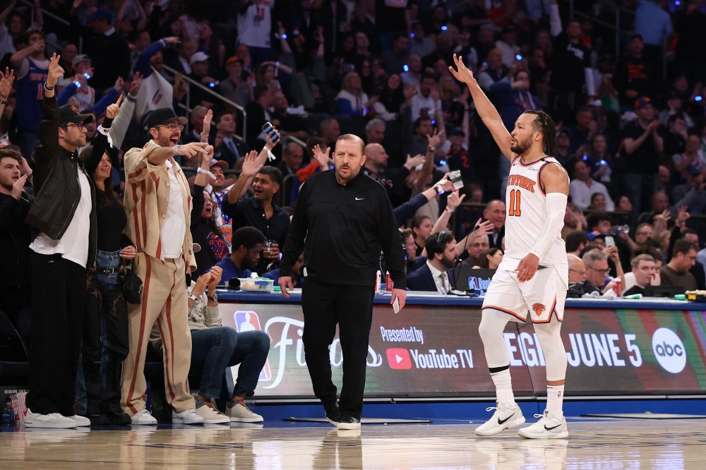 Jalen Brunson #11 of the New York Knicks celebrates a three-point basket against Boston Celtics at Madison Square Garden on May 16, 2025 in New York City. Al Bello/Getty Images/AFP