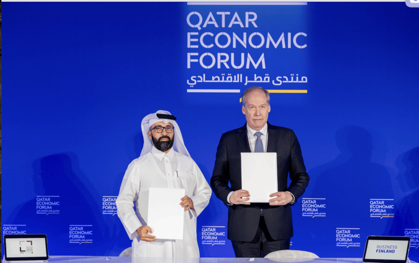 Under-Secretary of State for International Trade at the Ministry of Foreign Affairs of Finland, H E Jarno Syrjälä and Secretary General of QRDI Council, Omar Al Ansari during the MoU signing. 
