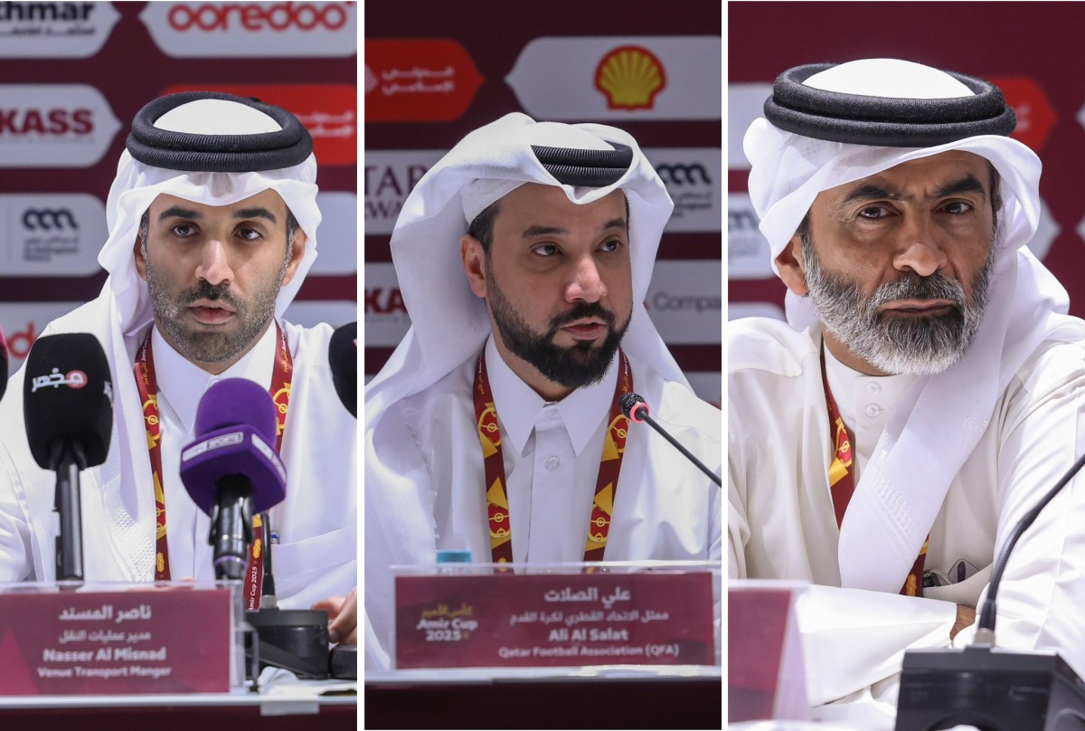 From left: Amir Cup 2025 venue Transportation Director Nasser Al Misnad, Qatar Football Association (QFA) Representative Ali Al-Salat, and Facility Director at Khalifa International Stadium Mansour Al Mohannadi during a press conference. 