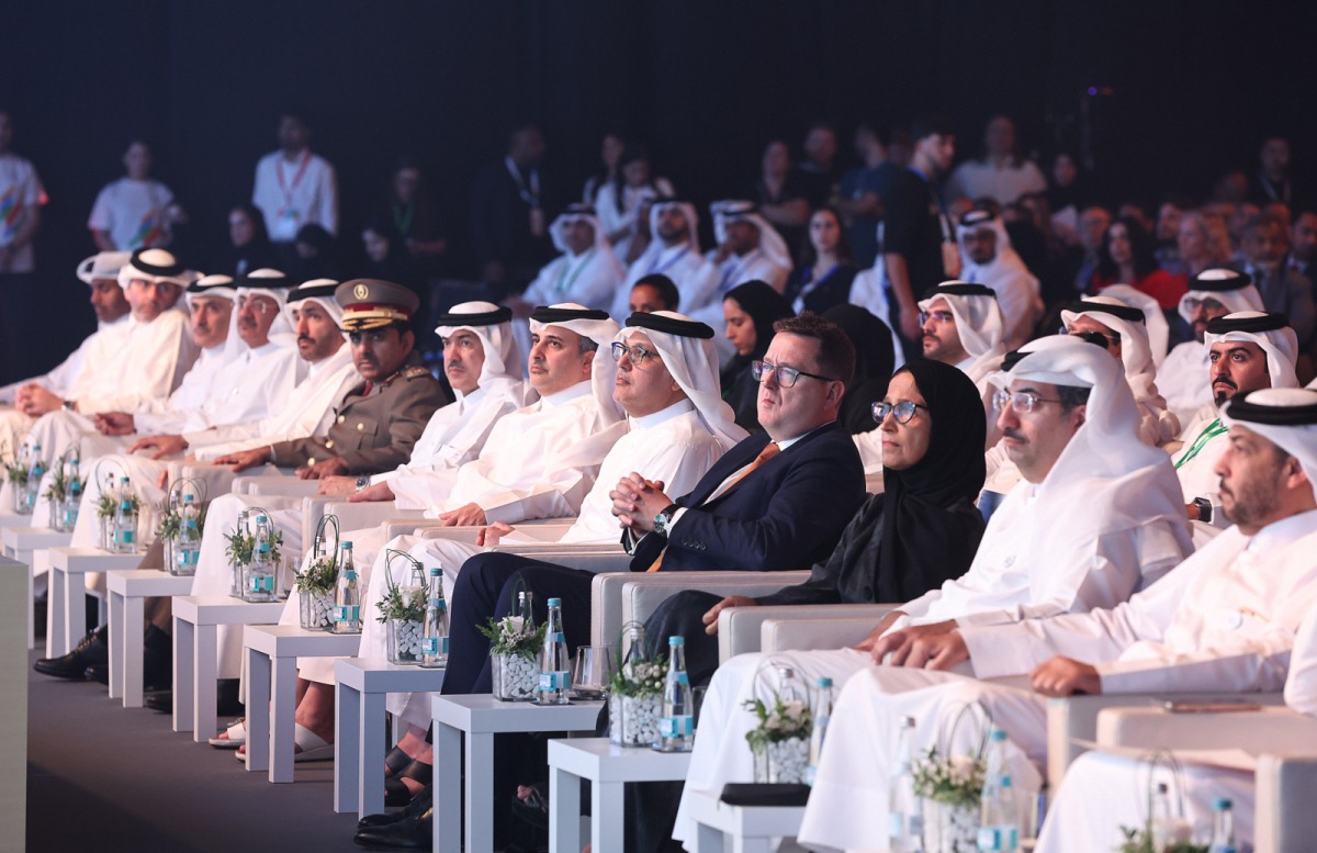 Minister of Communications and Information Technology H E Mohammed bin Ali bin Mohammed Al Mannai, Minister of Environment and Climate Change H E Dr. Abdullah bin Abdulaziz bin Turki Al Subaie, and Minister of State for Foreign Trade Affairs at the Ministry of Commerce and Industry H E Dr. Ahmed bin Mohammed Al Sayed along with other officials during the summit. 
PIC: RAJAN VADAKKEMURIYIL/The Peninsula