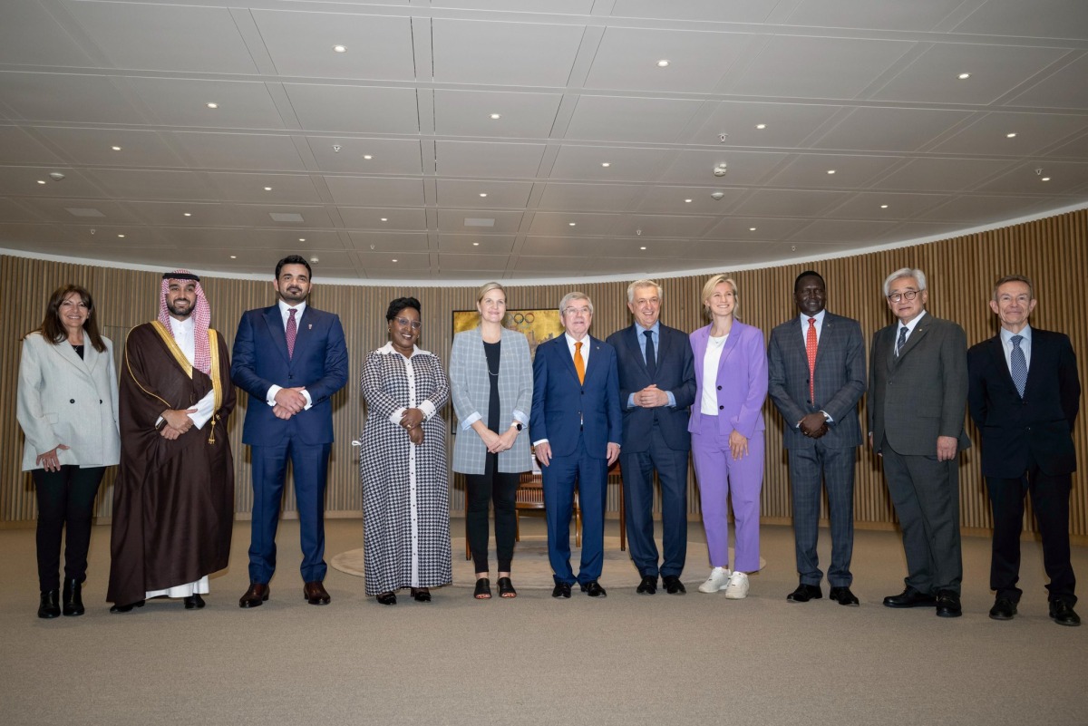 QOC President H E Sheikh Joaan bin Hamad Al Thani poses for a photograph with other board members of the Olympic Refuge Foundation.
