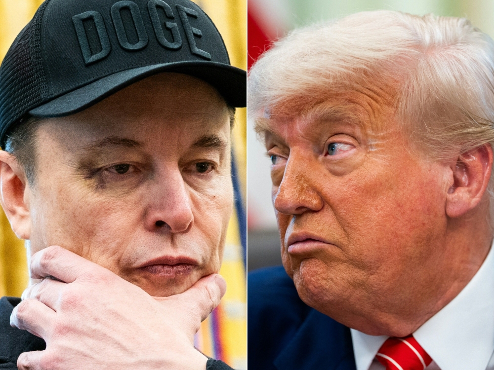 This combination of pictures created on June 03, 2025 shows Elon Musk looks and US President Donald Trump in the Oval Office of the White House in Washington, DC, on May 30, 2025.  (Photo by Allison Robbert / AFP)
