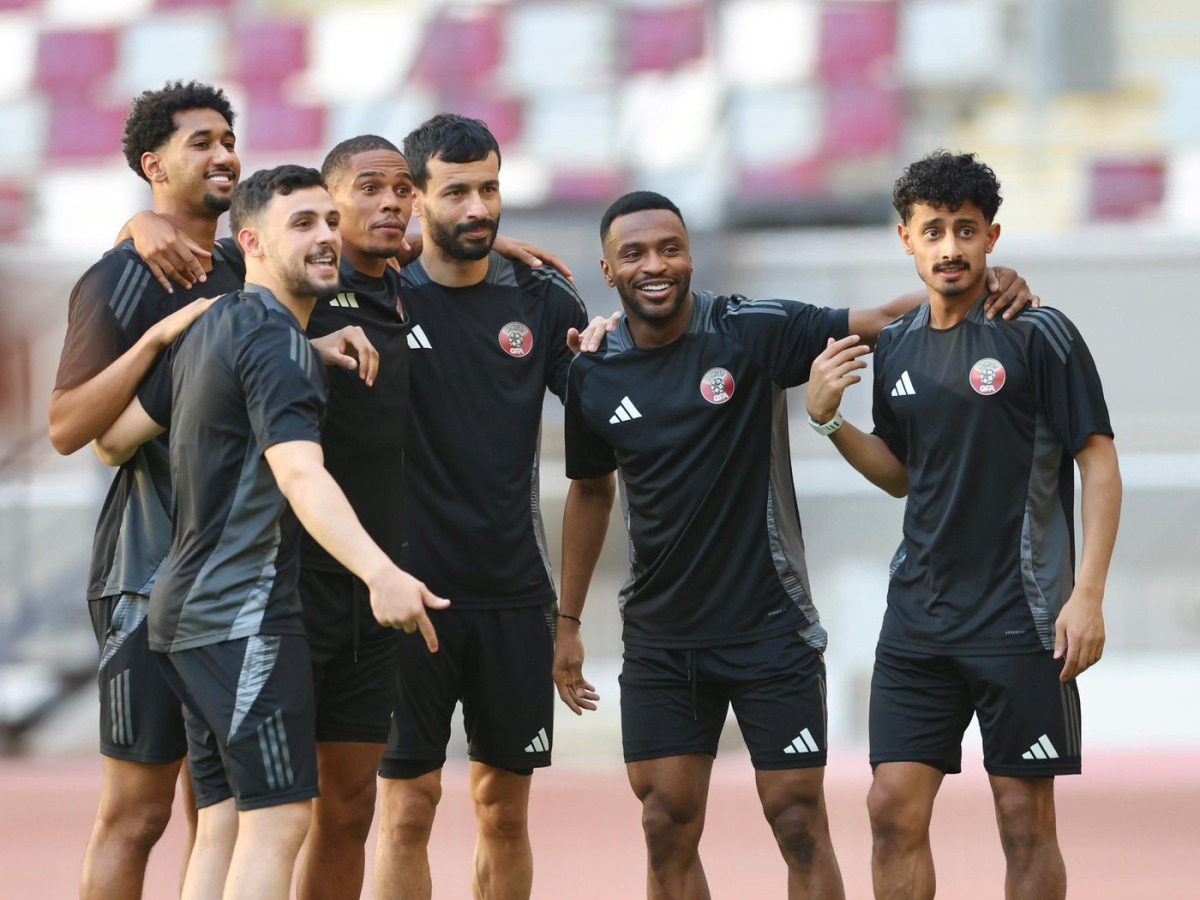 Qatar players during a training session yesterday.