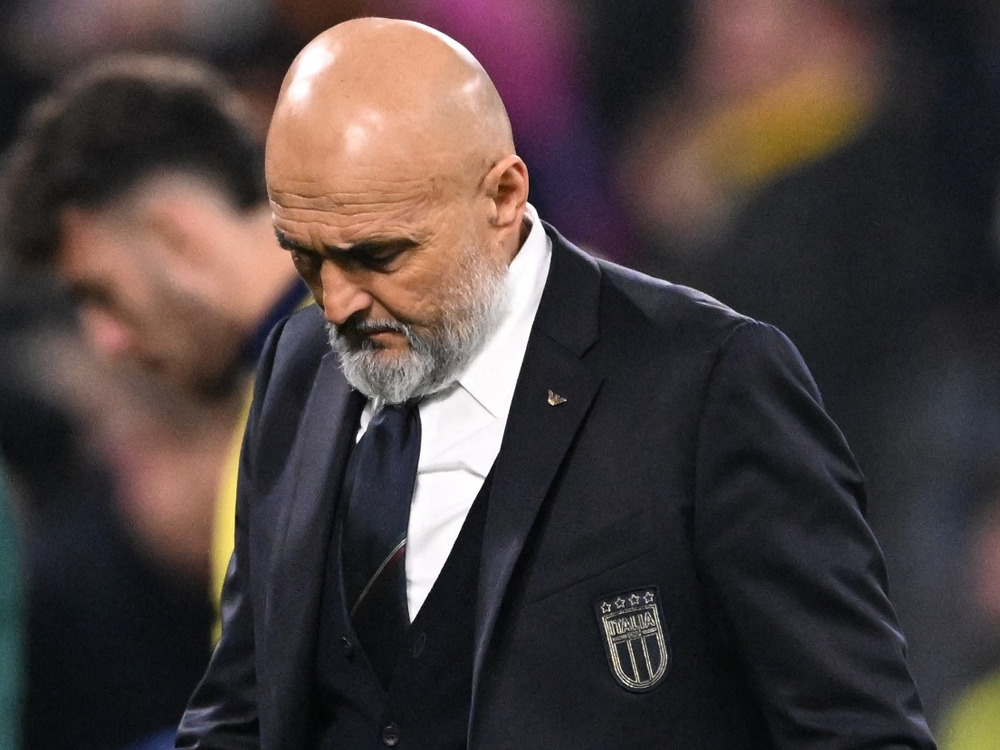 (FILES) Italy's head coach Luciano Spalletti reacts after the final whistle of the UEFA Nations League quarter-final second leg football match Germany v Italy at the Signal Iduna Park stadium in Dortmund, western Germany on March 23, 2025. (Photo by Kirill KUDRYAVTSEV / AFP)