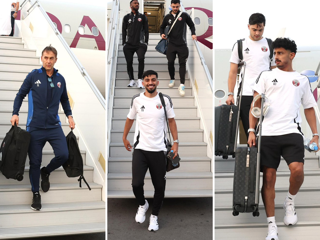 Coach Julen Lopetegui (left) arrives in Tashkent along with Qatar players.