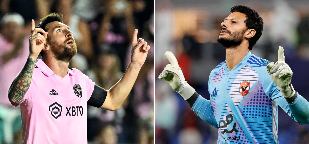 This combination of files pictures created on June 11, 2025 shows Inter Miami's Argentine forward Lionel Messi celebrating after scoring his team's third goal during the round of 32 Leagues Cup football match between Inter Miami CF and Orlando City SC at DRV PNK Stadium in Fort Lauderdale, Florida, on August 2, 2023, and Ahly's Egyptian goalkeeper #1 Mohamed el-Shenawy gesturing during the 2024 FIFA Intercontinental Cup football match between Mexico's Pachuca and Egypt's Al-Ahly at Stadium 974 in Doha on December 14, 2024. Al Ahly and Inter Miami will open the FIFA Club World Cup at the Hard Rock Stadium in Miami, Florida on June 14, 2025. (Photo by Chandan KHANNA and Karim JAAFAR / AFP)
