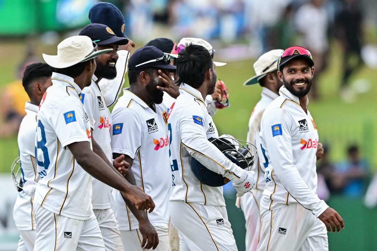 Sri Lanka's players leave the field at the end of play on the third day of the second Test cricket match between Sri Lanka and Bangladesh at the Sinhalese Sports Club (SSC) Ground in Colombo on June 27, 2025. (Photo by Ishara S. KODIKARA / AFP)