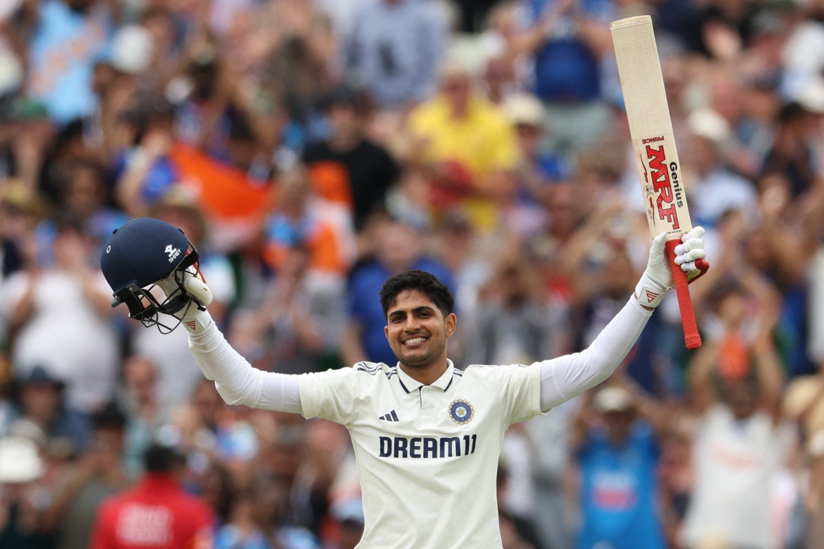 India’s captain Shubman Gill celebrates after reaching his century.