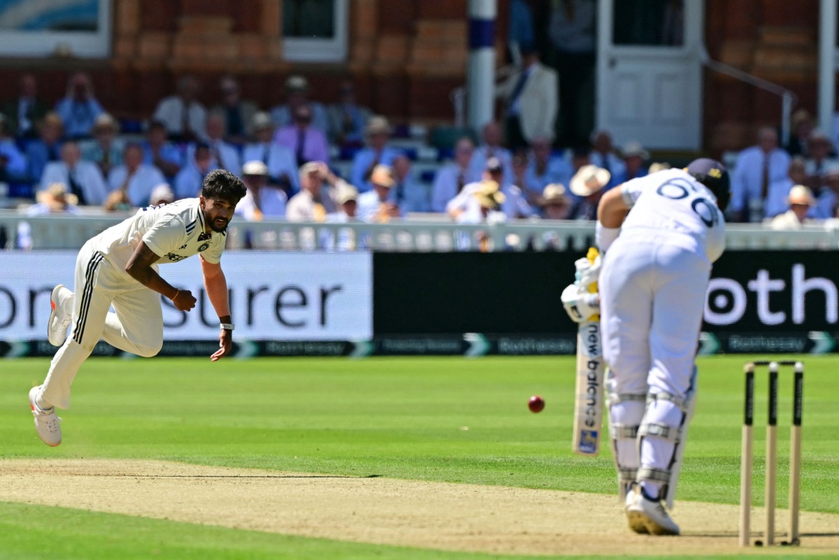 ndia's Nitish Kumar Reddy (L) bowls to England's Joe Root on the opening day of the third cricket test match between England and India at Lord's cricket ground in London, on July 10, 2025. (Photo by Ben STANSALL / AFP) 