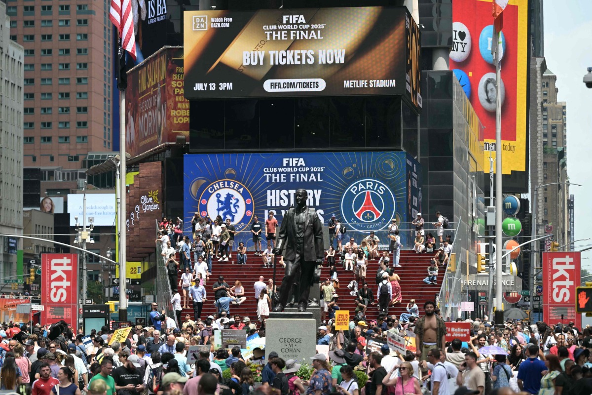 Advertising for the FIFA Club World Cup final match between France's Paris Saint Germain and England痴 Chelsea is displayed on a screen at Times Square in New York on July 12, 2025. (Photo by JUAN MABROMATA / AFP)

