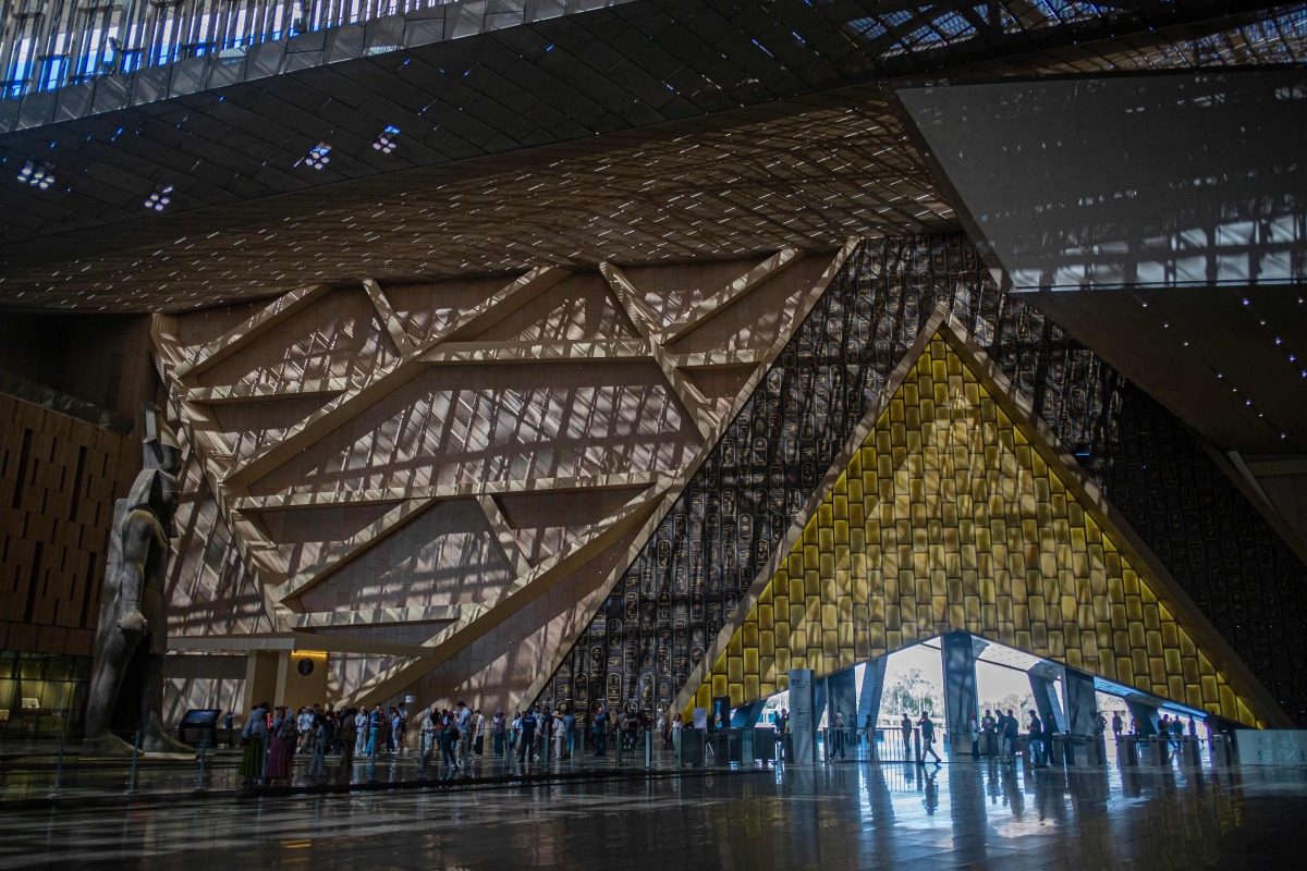 Visitors tour the Grand Egyptian Museum in Giza on the southwestern outskirts of the capital Cairo on May 5, 2025. Photo by Khaled DESOUKI / AFP