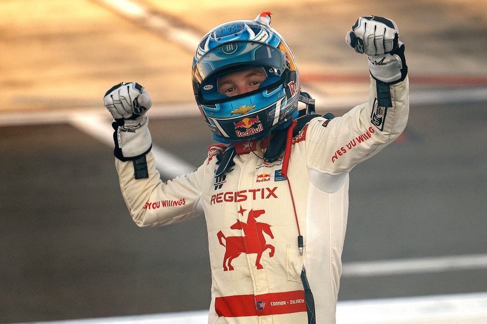 Connor Zilisch, driver of the #88 Registix Chevrolet, celebrates after winning the NASCAR Xfinity Series Mission 200 at The Glen at Watkins Glen International on August 09, 2025 in Watkins Glen, New York. (Photo by Sean Gardner/Getty Images via AFP)