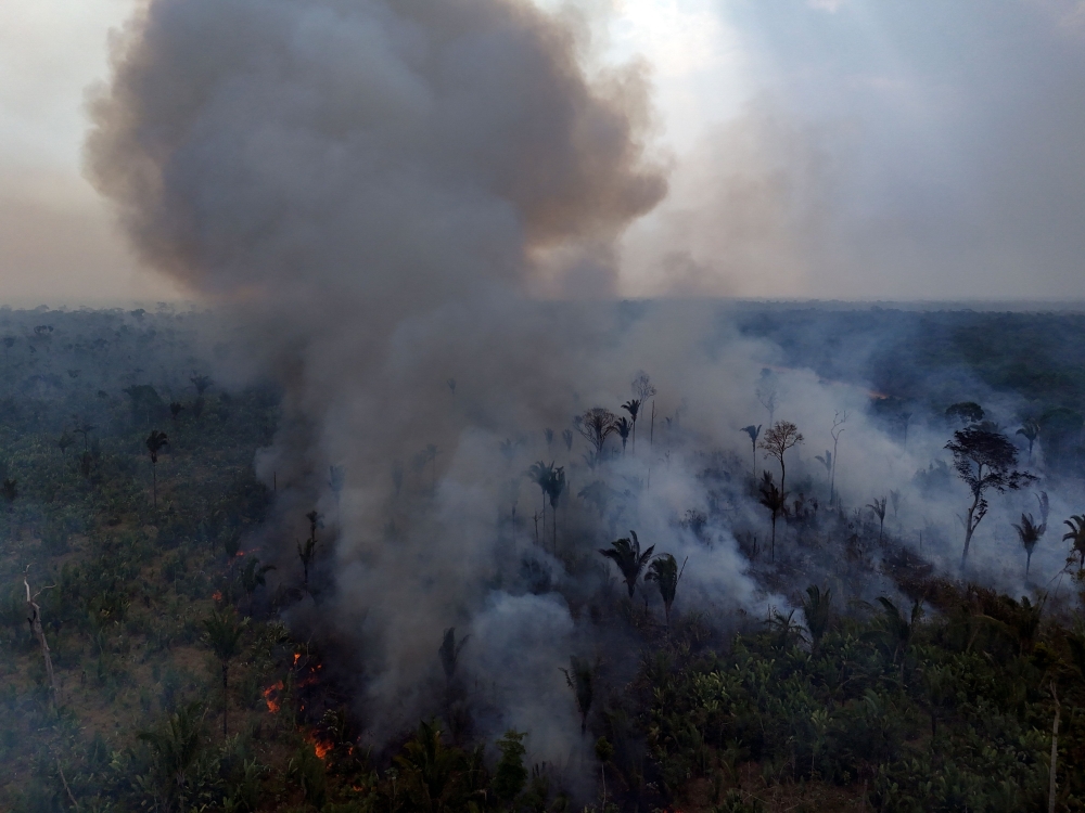 Aerial view of an illegal fire in the Amazon rainforest on the banks of the BR-230 (Transamazon Highway), near the city of Labrea, Amazonas state, northern Brazil, taken on September 4, 2024. (Photo by Michael Dantas / AFP)
