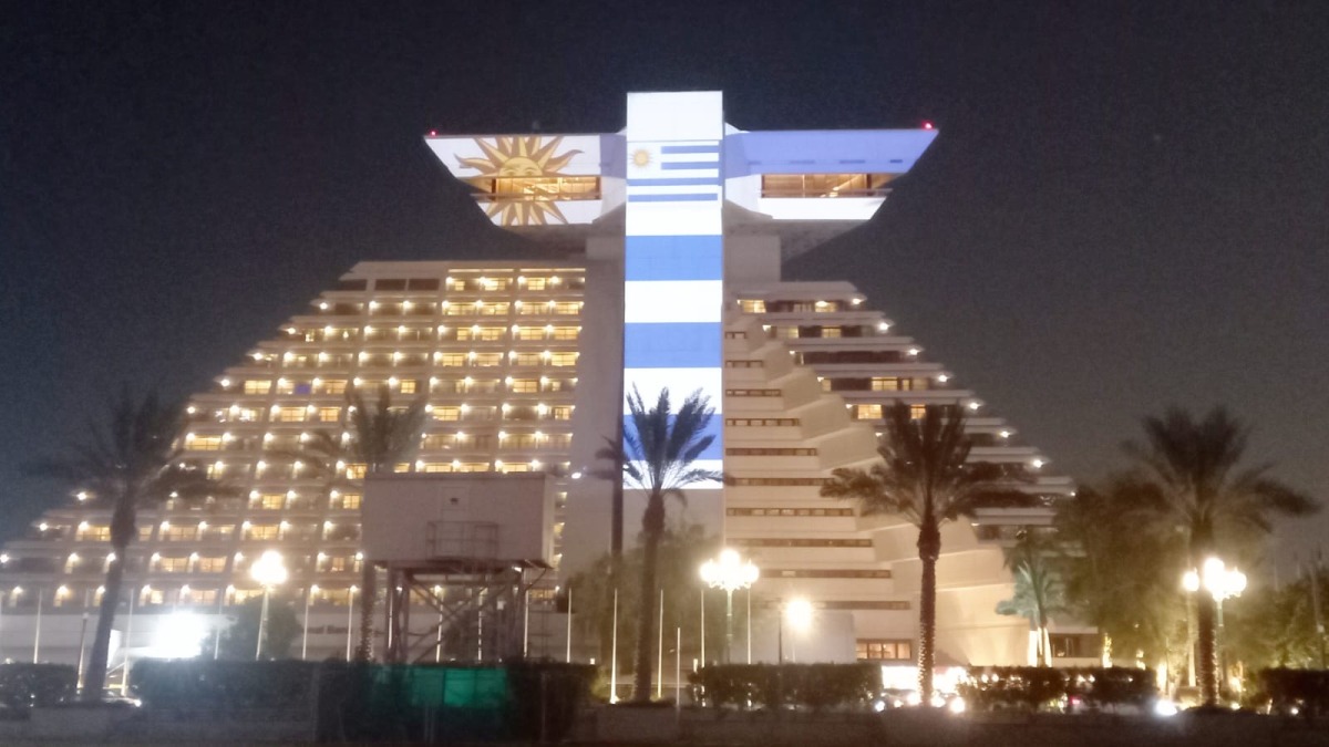 Sheraton Hotel illuminates with the colours of the Uruguayan national flag.