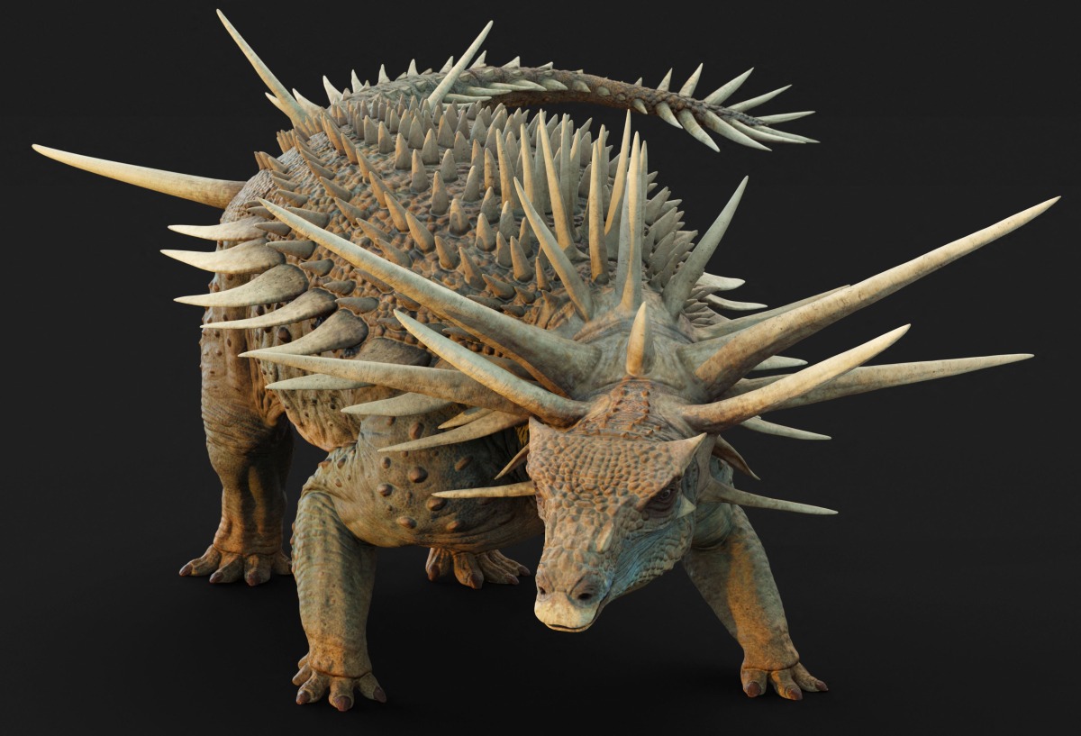A handout image released by the Natural History Museum in London on August 28, 2025 shows an artist's digital life reconstruction of 'Spicomellus afer', an ankylosaur dinosaur that lived over 165 million years ago. Photo by MATT DEMPSEY / NATURAL HISTORY MUSEUM / AFP