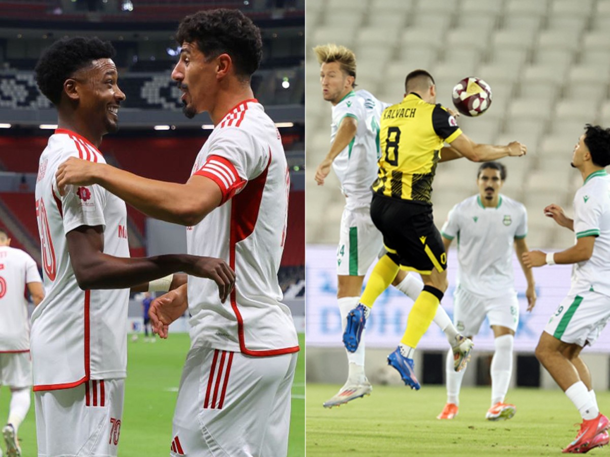 Collage of Al Shamal’s Baghdad Bounedjah (right) celebrates with teammate Musaab Khidir after scoring team's  second goal against Al Sailiya yesterday; and (right) Action during the match between Qatar SC and Al Ahli.  