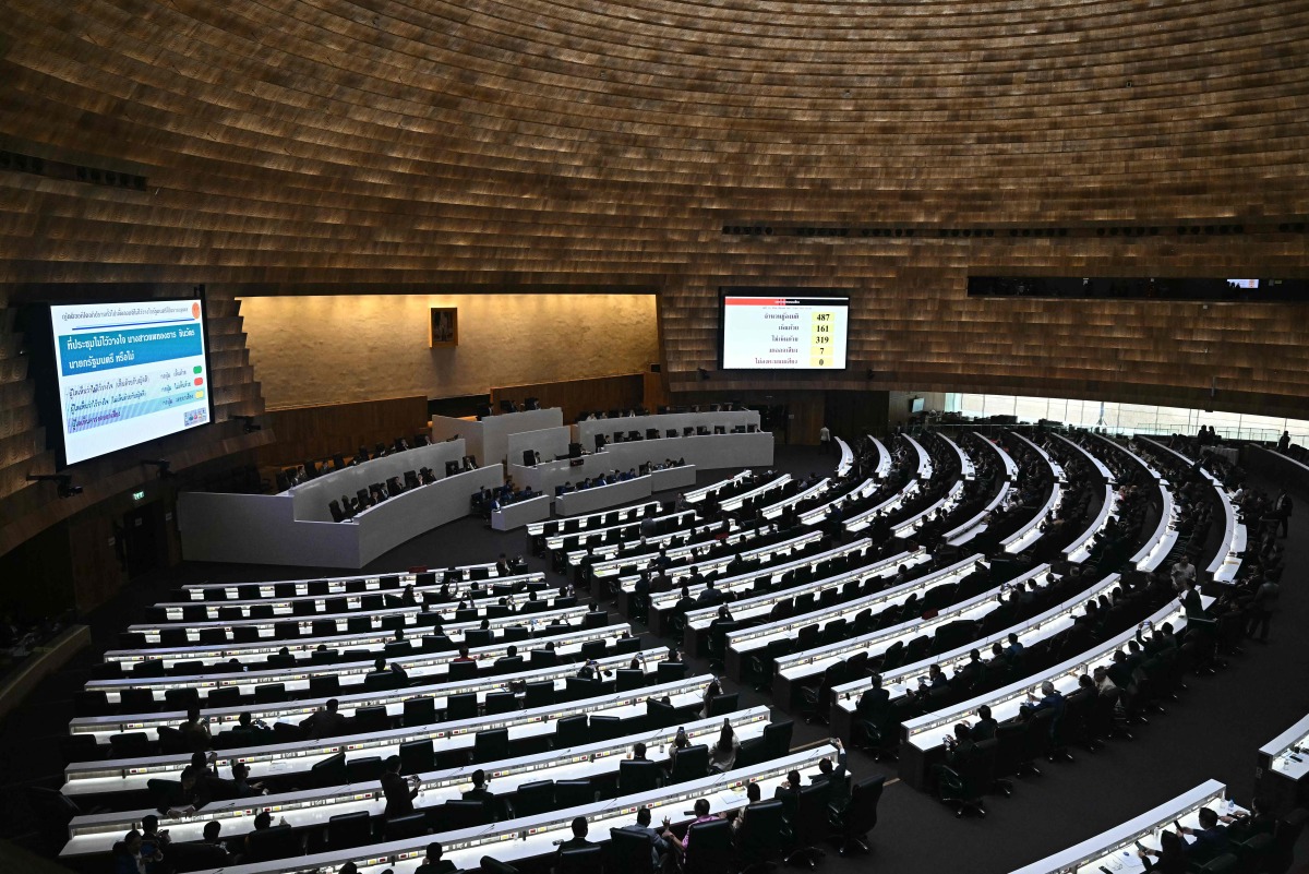 A general view shows Thai MPs and members of the government after a no-confidence vote at the Thai Parliament in Bangkok on March 26, 2025. Photo by Lillian SUWANRUMPHA / AFP