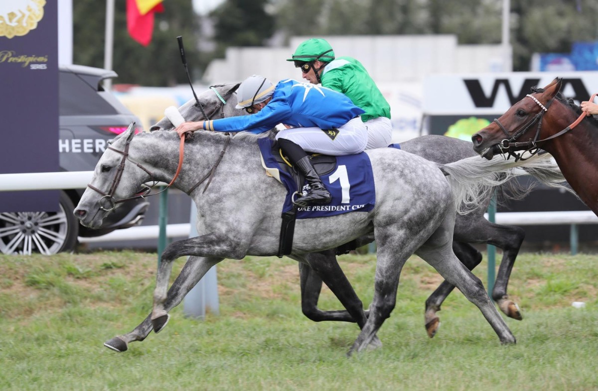 Al Zeer (front), with Luka Delozier in the saddle, competes during the race. 
