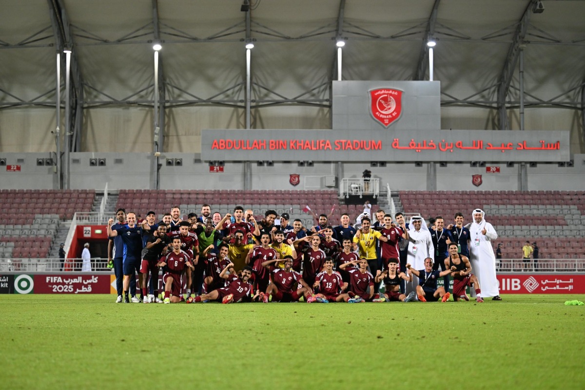 Qatar players celebrate after defeating Bahrain to qualify for the AFC U-23 Asian Cup 2026 yesterday. 