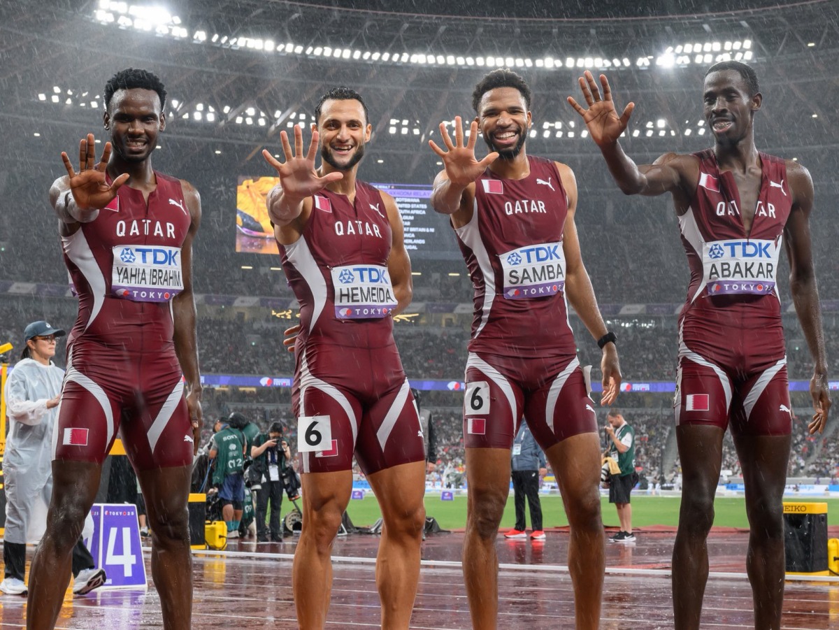 From left: Qatar's Yahya Ibrahim, Bassem Hemeida, Abderrahman Samba and Ismail Dawood react after finishing fifth in the 4x400 metres final at the World Athletics Championships in Tokyo yesterday. 