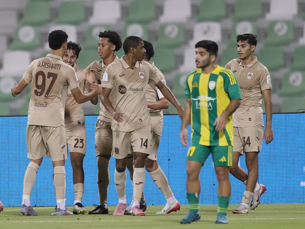 Al Rayyan players celebrate during the match against Al Wakrah yesterday.  