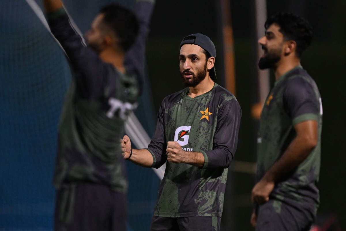 Pakistan's captain Salman Agha (C) attends a practice session at the International Cricket Council (ICC) Academy in Dubai on September 27, 2025, ahead of their Asia Cup 2025 Twenty20 international final cricket match against the India. (Photo by Sajjad HUSSAIN / AFP)
