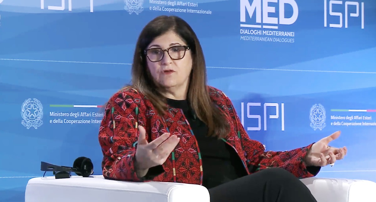 Minister of State for Foreign Affairs and Expatriates of the Palestinian National Authority H E Varsen Aghabekian Shahin speaking during a special session at Mediterranean Dialogues 2025 in Naples, Italy.