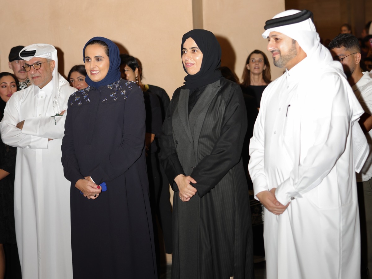 Minister of Education and Higher Education, H E Lolwah Al Khater; Chairperson of Qatar Museums H E Sheikha Al Mayassa bint Hamad bin Khalifa Al Thani; and others at the launch of the exhibition. 