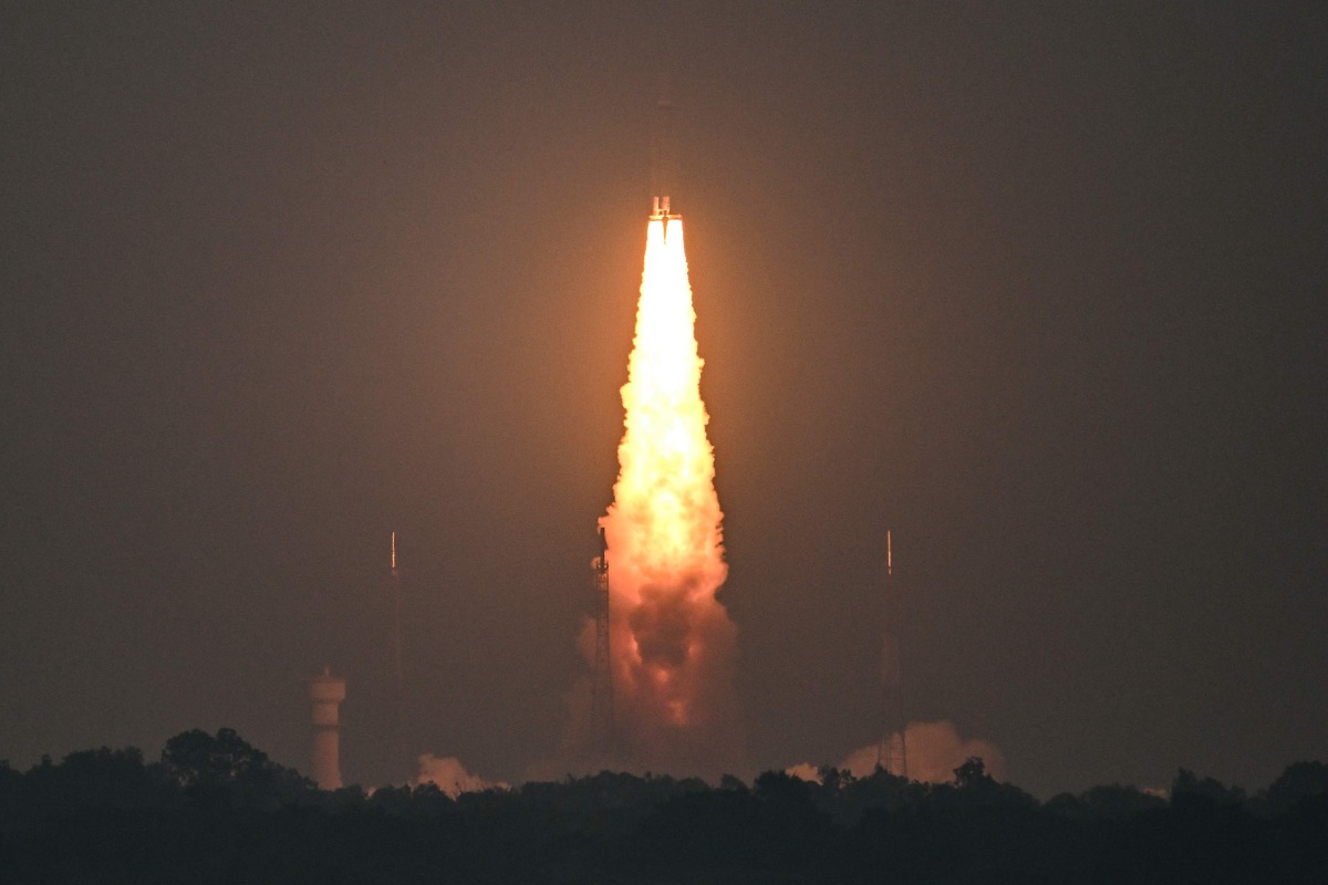 An Indian Space Research Organisation (ISRO) rocket LVM3-M5, carrying the CMS-03 communication satellite, blasts off from the Satish Dhawan Space Centre in Sriharikota, an island off the coast of Andhra Pradesh state on November 2, 2025. (Photo by R. Satish BABU / AFP)
