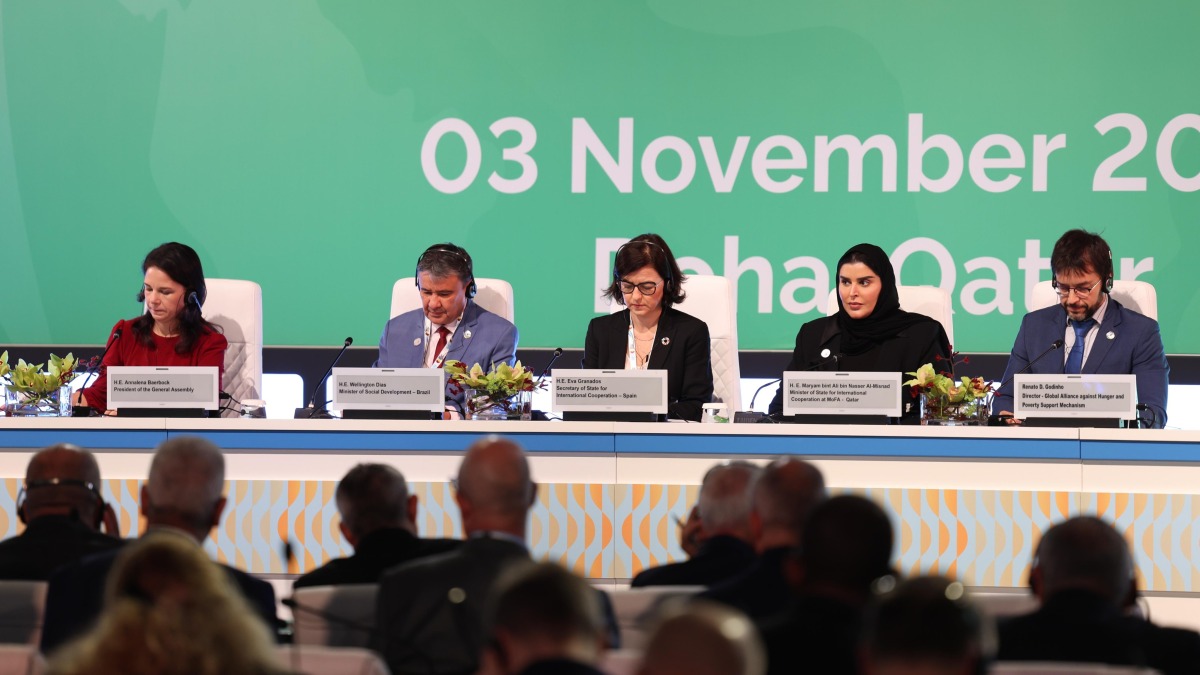 Minister of State for International Cooperation H E Maryam bint Ali bin Nasser Al Misnad (second right) and other dignitaries at the Alliance’s First Leaders’ Meeting in Doha yesterday.