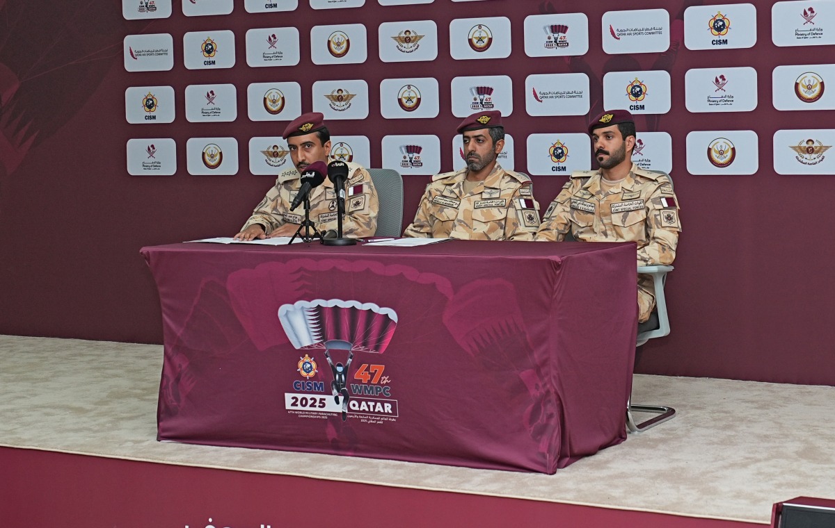 From left: QASC Secretary General Captain Hazza Al-Attiyah, QASC Vice Chairman Lieutenant Colonel Abdullah Saeed Al Mansouri and Qatar Target team captain Lieutenant Abdulaziz Al-Hajjaji during a press conference yesterday.