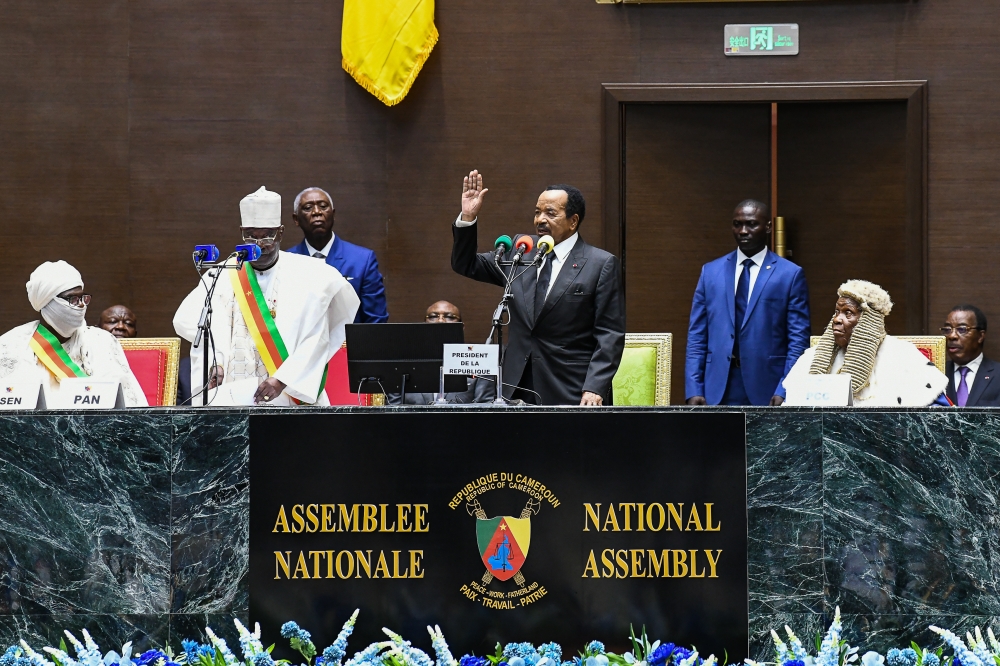Cameroonian President Paul Biya (centre) is sworn in Yaounde, capital of Cameroon, on November 6, 2025. (Xinhua/Kepseu)