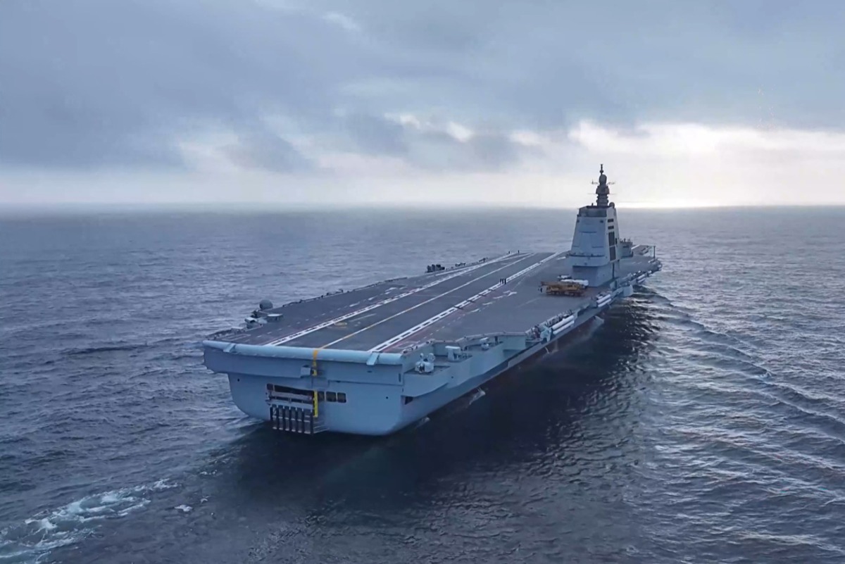 This screen grab from video footage from China's Ministry of Defence taken in May 2024 and released via AFPTV on May 11, 2024 shows China's third aircraft carrier Fujian carrying out sea trials at sea in an unknown location. Photo by Handout / various sources / AFP