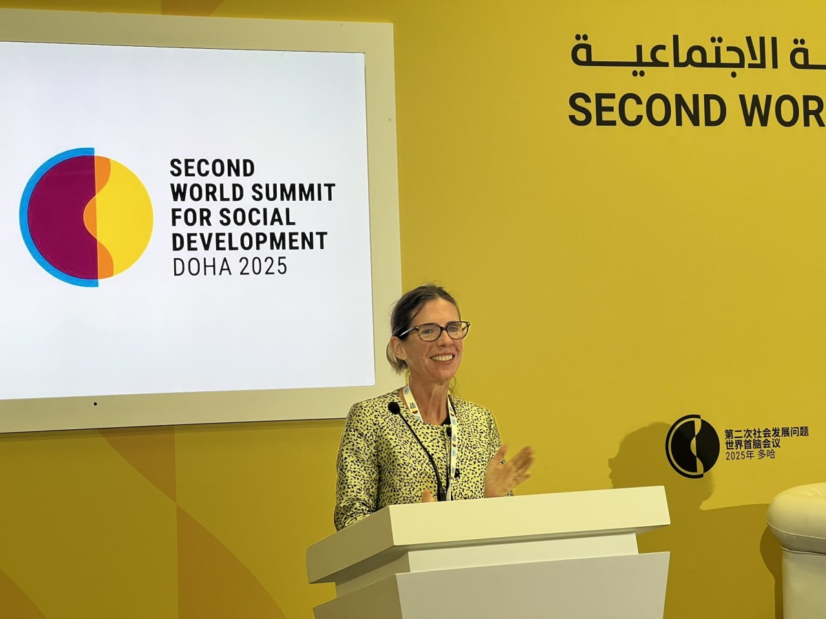 Francine Pickup addressing a session at the summit in Doha. 